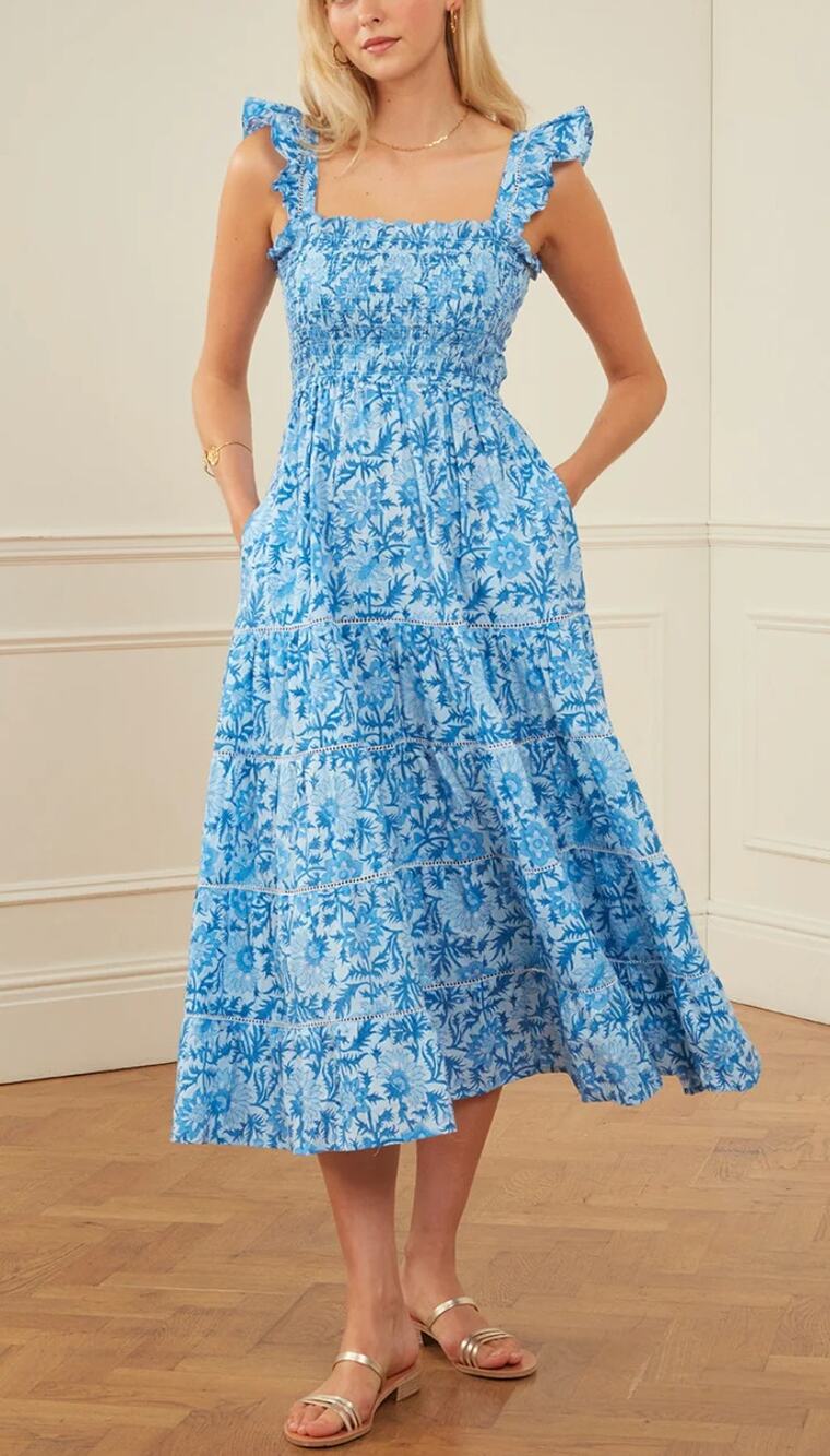 Pink City Prints Tuckernuck Smocked Ruffle Jessica Midi Dress Blue Azure Rose S